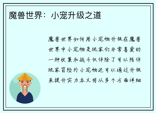 魔兽世界：小宠升级之道